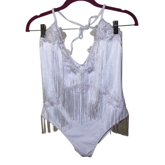 ASOS BRIDAL Fringe Applique Halter Plunge Swimsuit size 10 NWOT - Picture 2 of 9